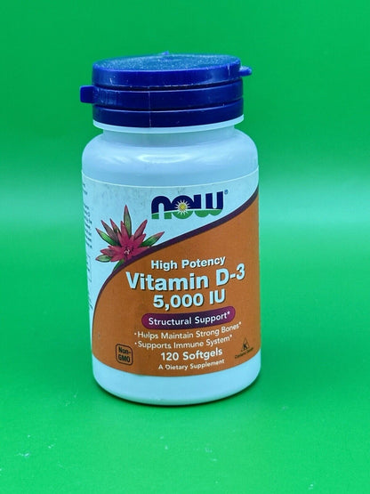 NOW Foods Vitamin D3 Highest Potency 5000 IU, 120 Softgels Exp 11/2026