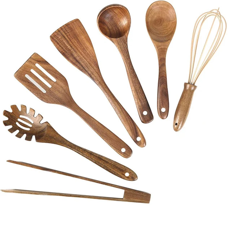 Wooden Kitchen Utensils for Cooking Natural Wood Utensil Set Wooden Spoons 7/8/11/13Pcs Nonstick Set Spatula