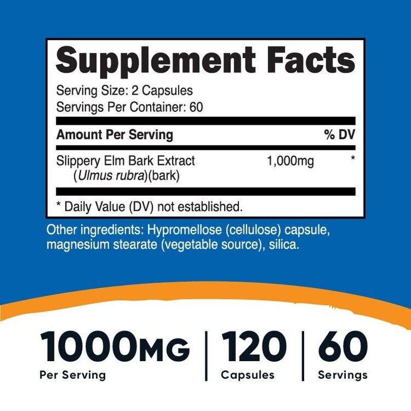 Slippery Elm Bark Capsules 1000Mg per Serving, 120 Capsules Nutricost