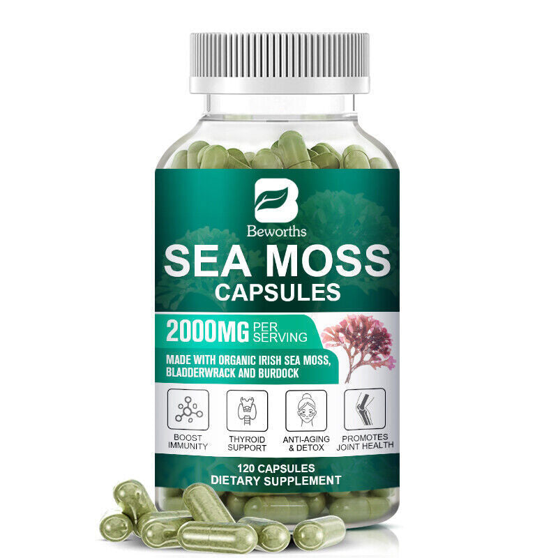 Organic Sea Moss Capsules, Irish Sea Moss, Bladderwrack & Burdock Root 120 Pills