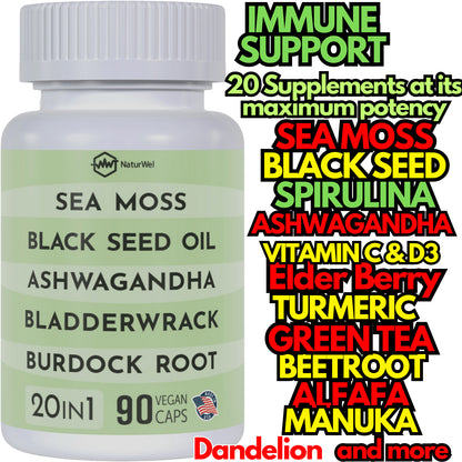 20 in 1 Supplement Sea Moss Black Seed Oil 3000Mg Ashwagandha Turmeric 1000Mg