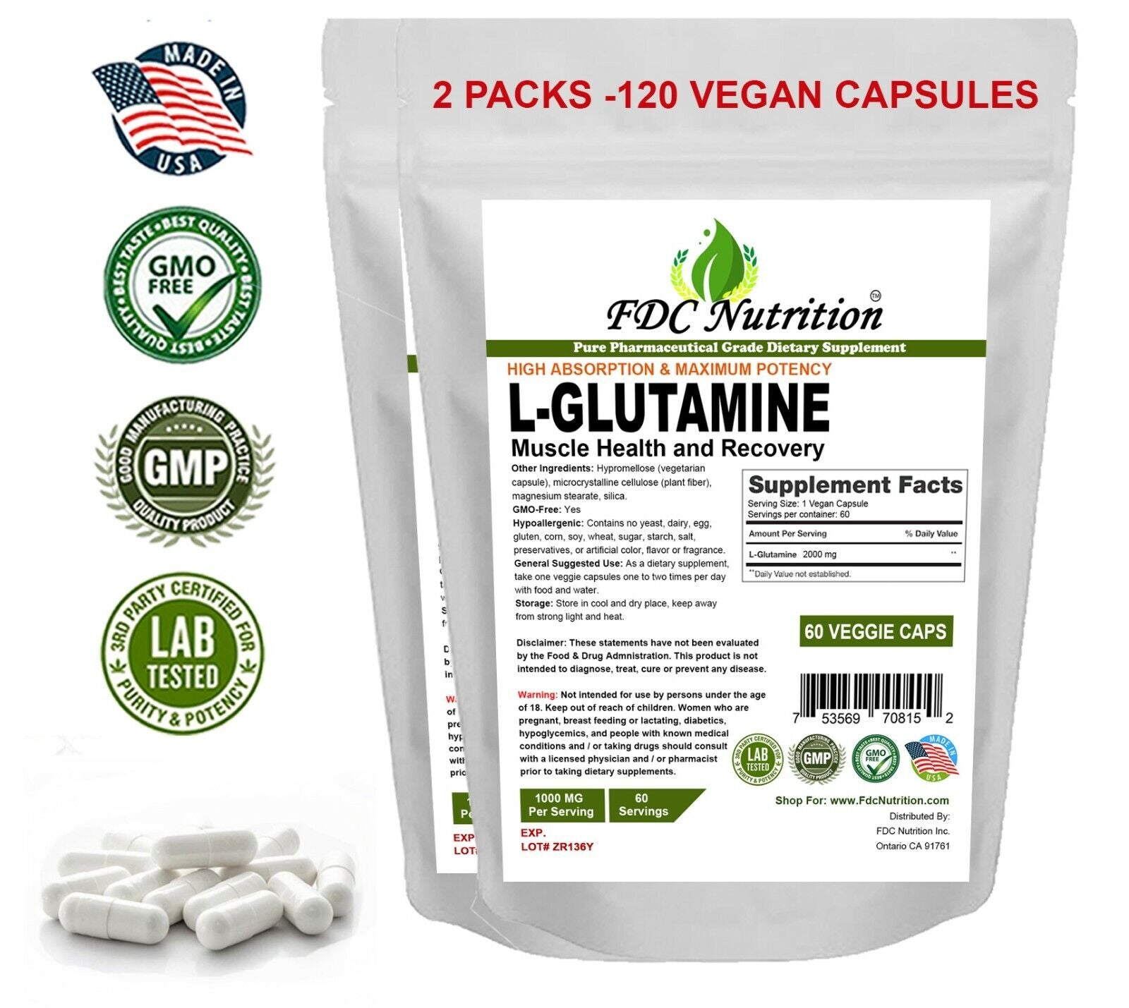 L-Glutamine 2000 Mg Vegan Capsules All Size Made in USA