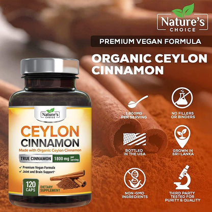 Organic Ceylon Cinnamon Capsules 1800Mg Highest Potency Blood Sugar Support