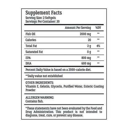 Fish Oil Omega 3 DHA/EPA 2000 Mg 60 Softgels FRESH   Pharmaceutical Grade