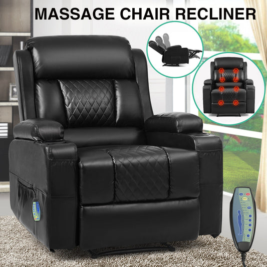 Black PU Leather Massage Recliner Chair Single Sofa Heated W/Remote,2 Cup Holder