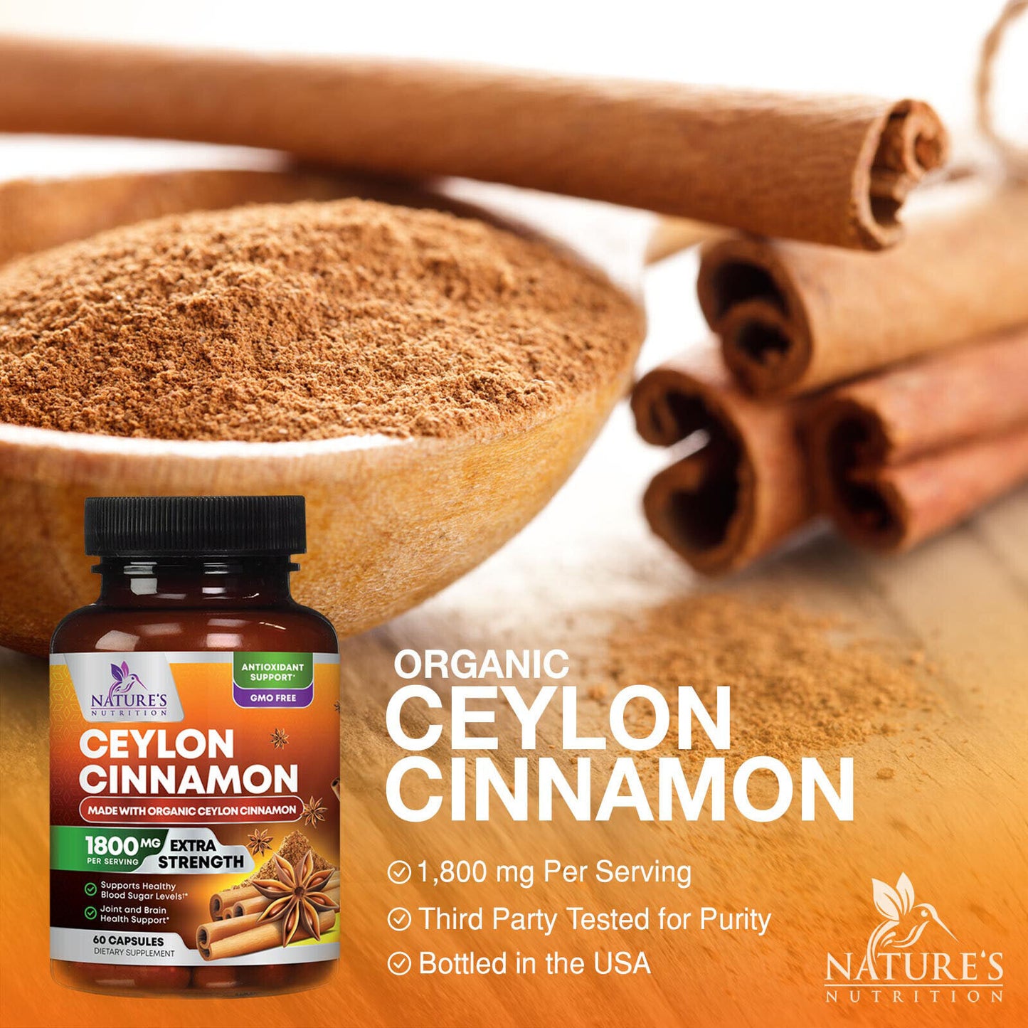 True Organic Ceylon Cinnamon Capsules 1800Mg Highest Potency Blood Sugar Support