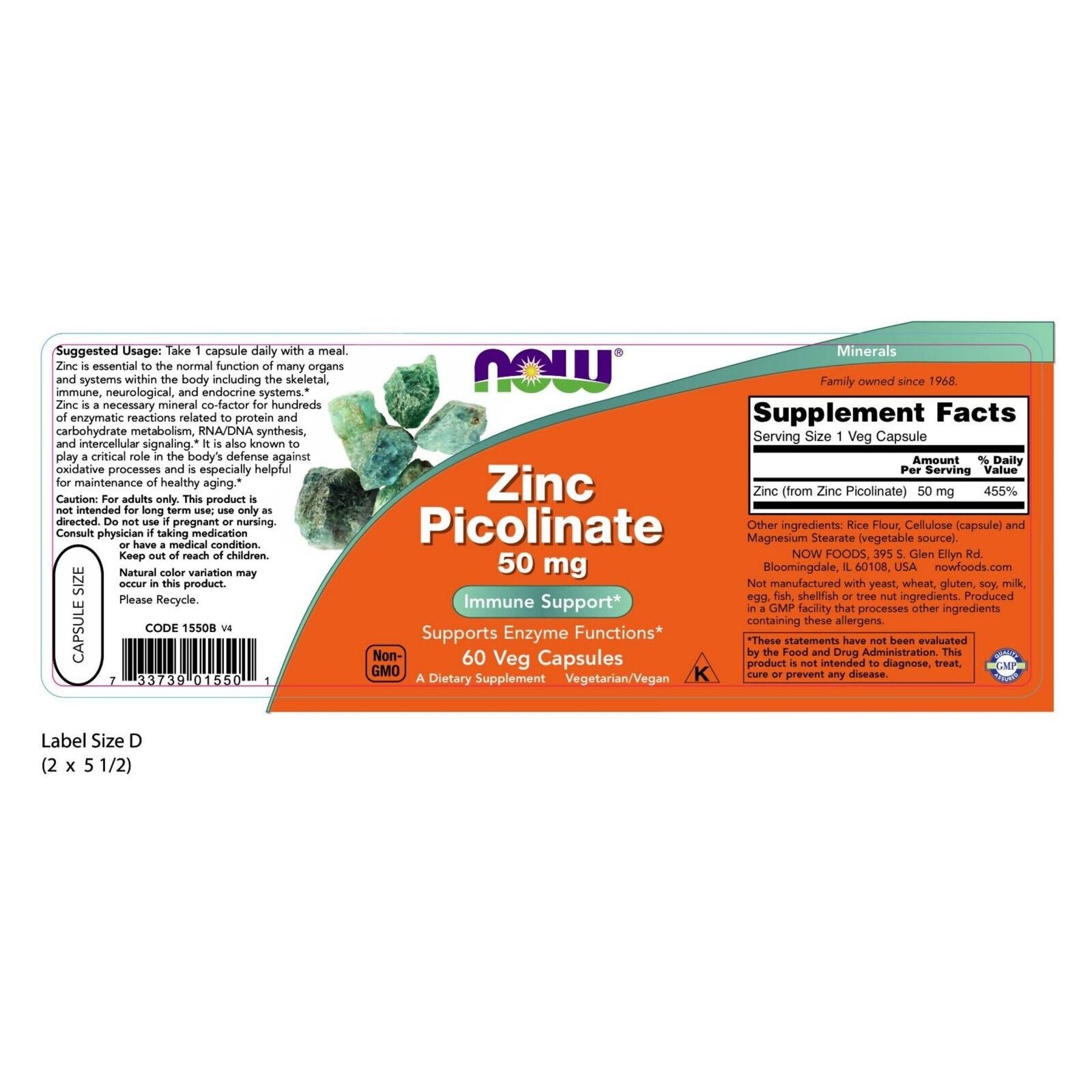 NOW Foods Zinc Picolinate, 50 Mg, 60 Veg Capsules