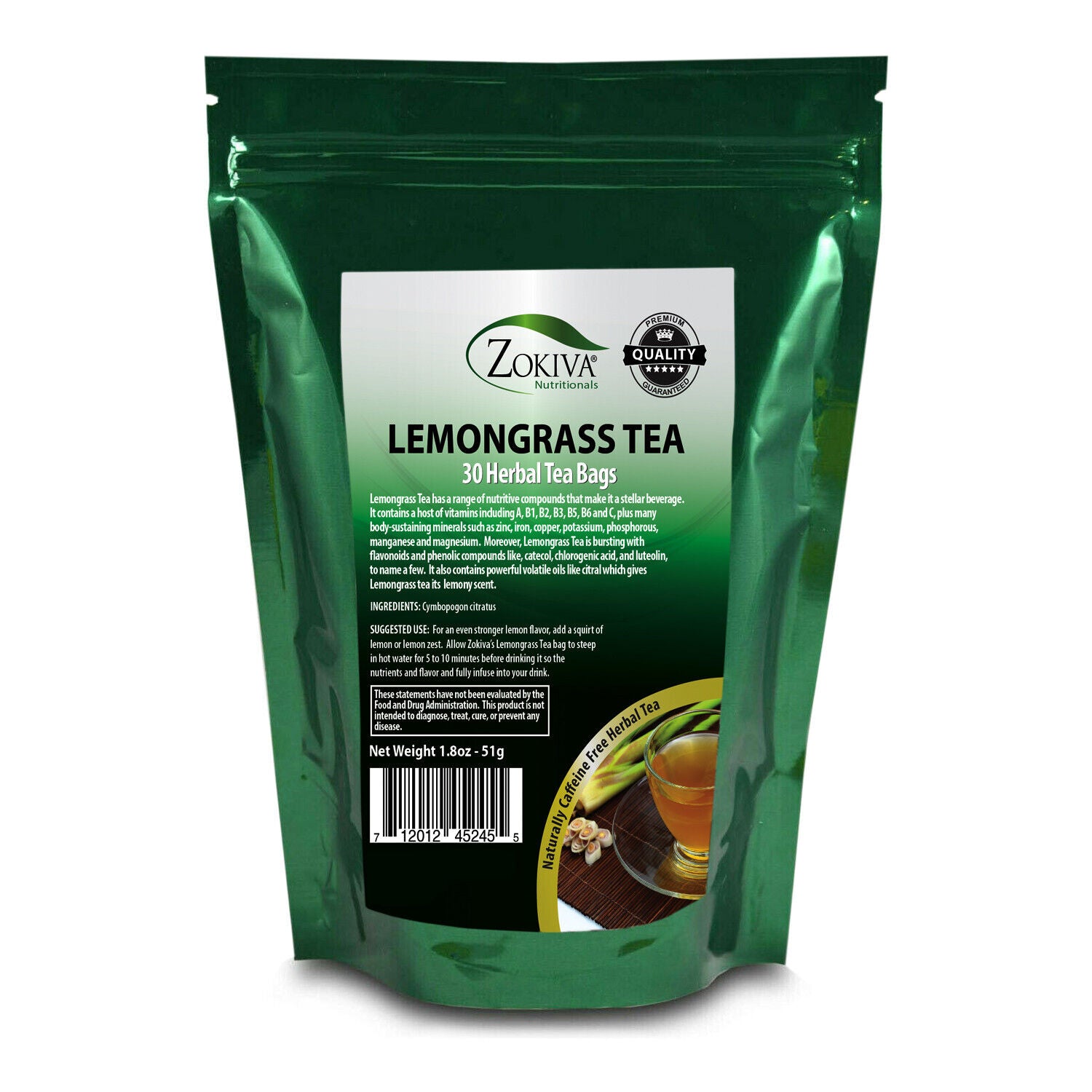 Lemongrass Tea Bags (30) All-Natural, Premium Caffeine Free Tea Resealable Pouch