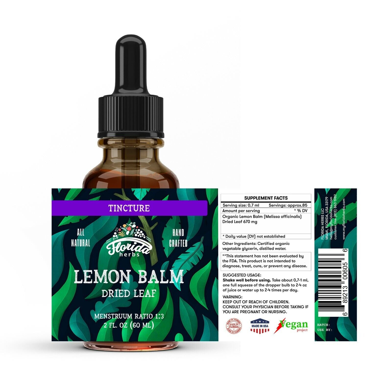 Lemon Balm Tincture, Organic Lemon Balm Extract Drops (Melissa Officinalis)