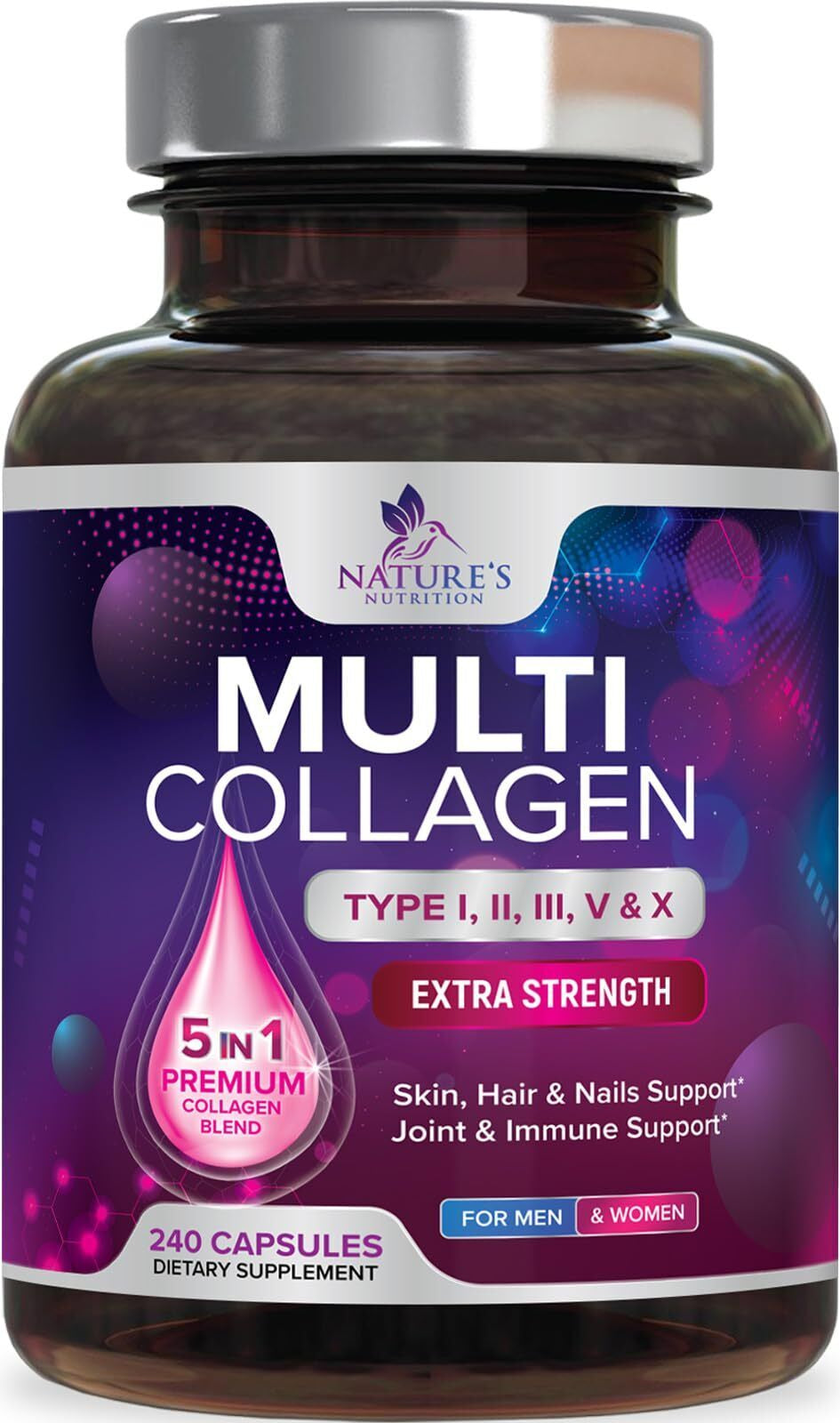 Collagen Peptides Pills 1000Mg Hydrolyzed Collagen Capsules (Types I,II,III,V,X)