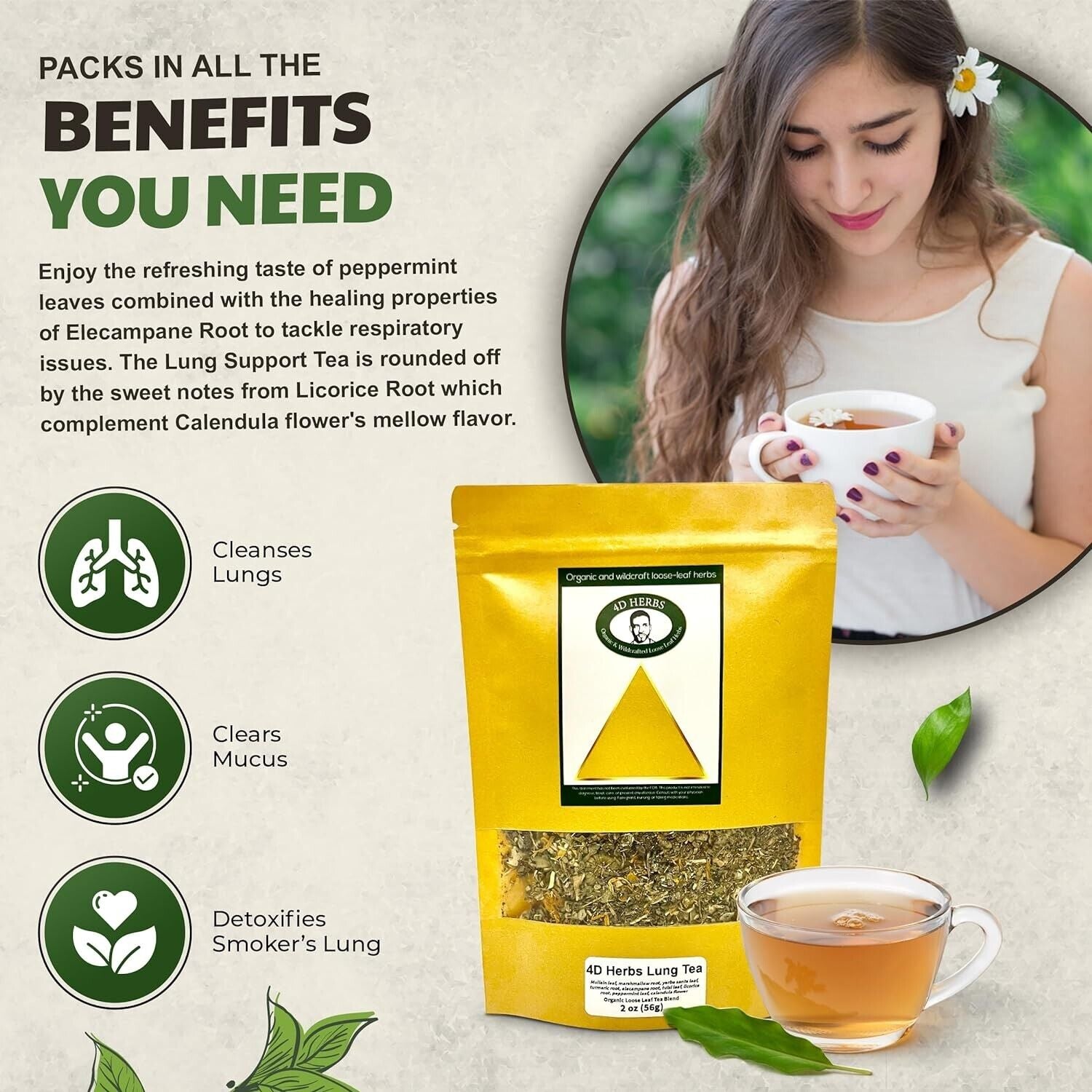 Lung Support Tea Blend by 4D Herbs - 9 Herbs - Cough and Congestion Herbal Blend