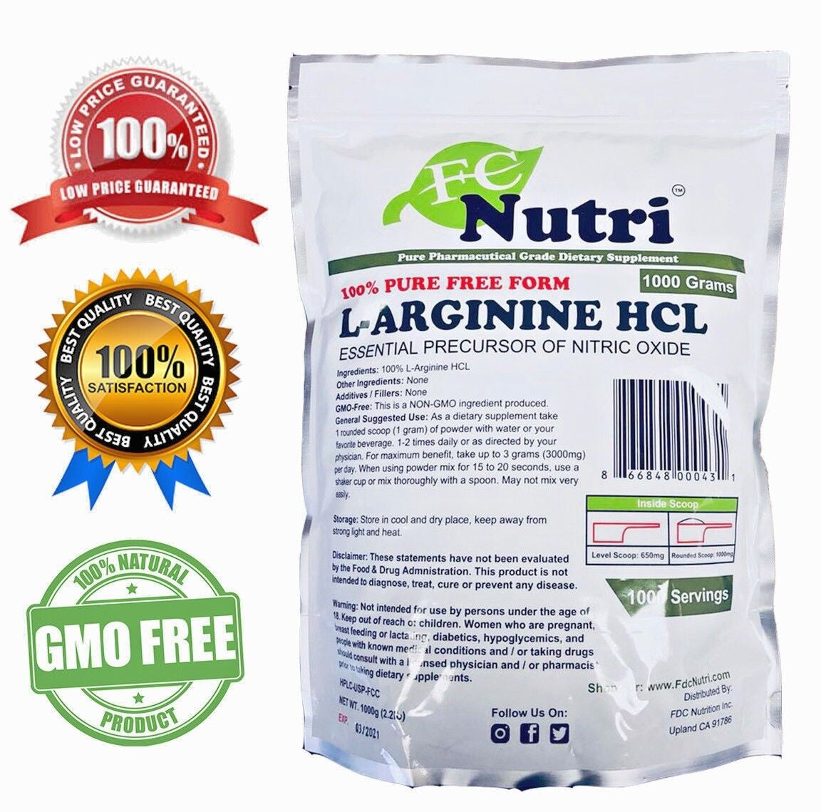 L-Arginine Powder 1000G (2.2Lb) HCL FREE FORM PHARMACEUTICAL GRADE BUILD MUSCLE