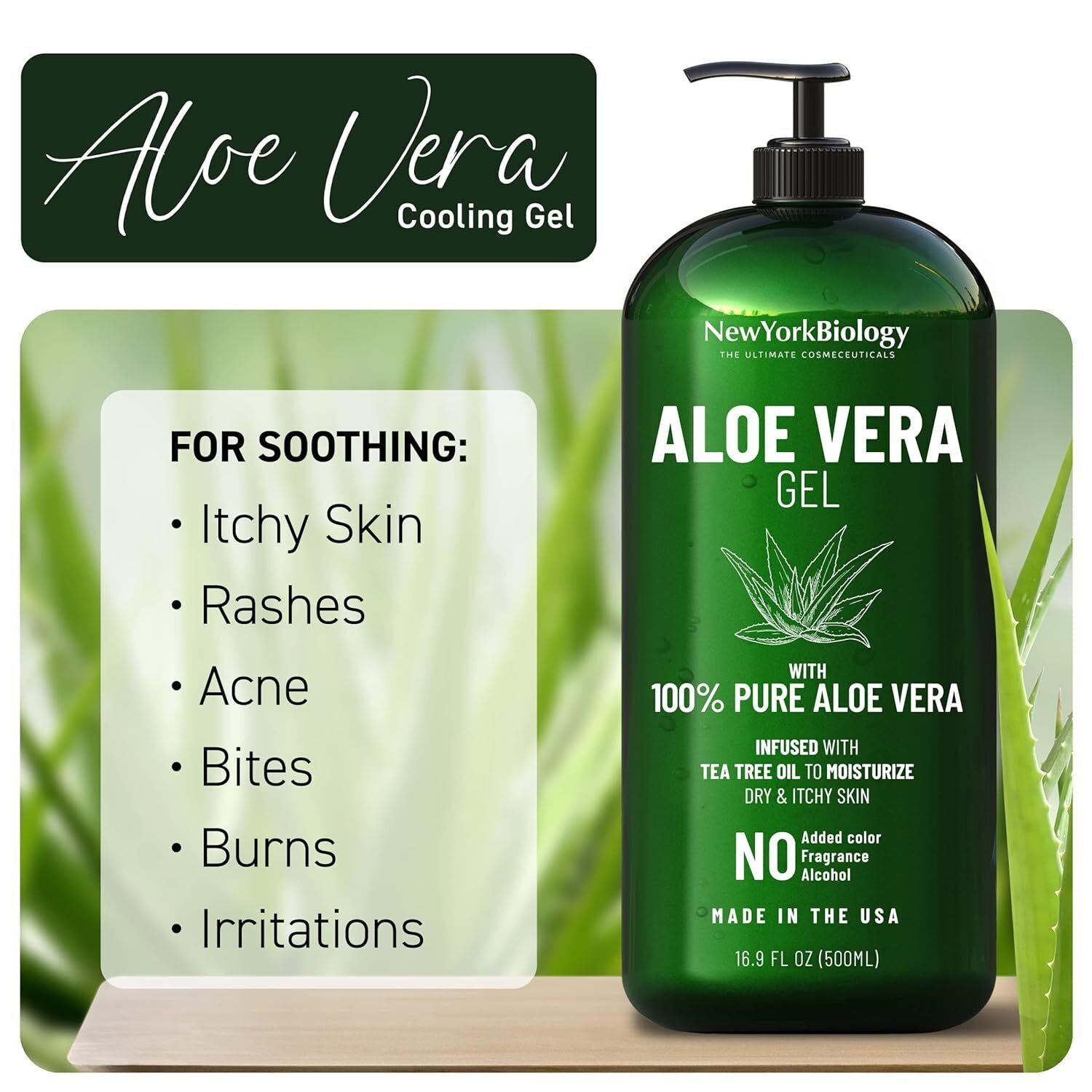 New York Biology Aloe Vera Gel for Face, Skin and Hair - Infused with Tea Tree O