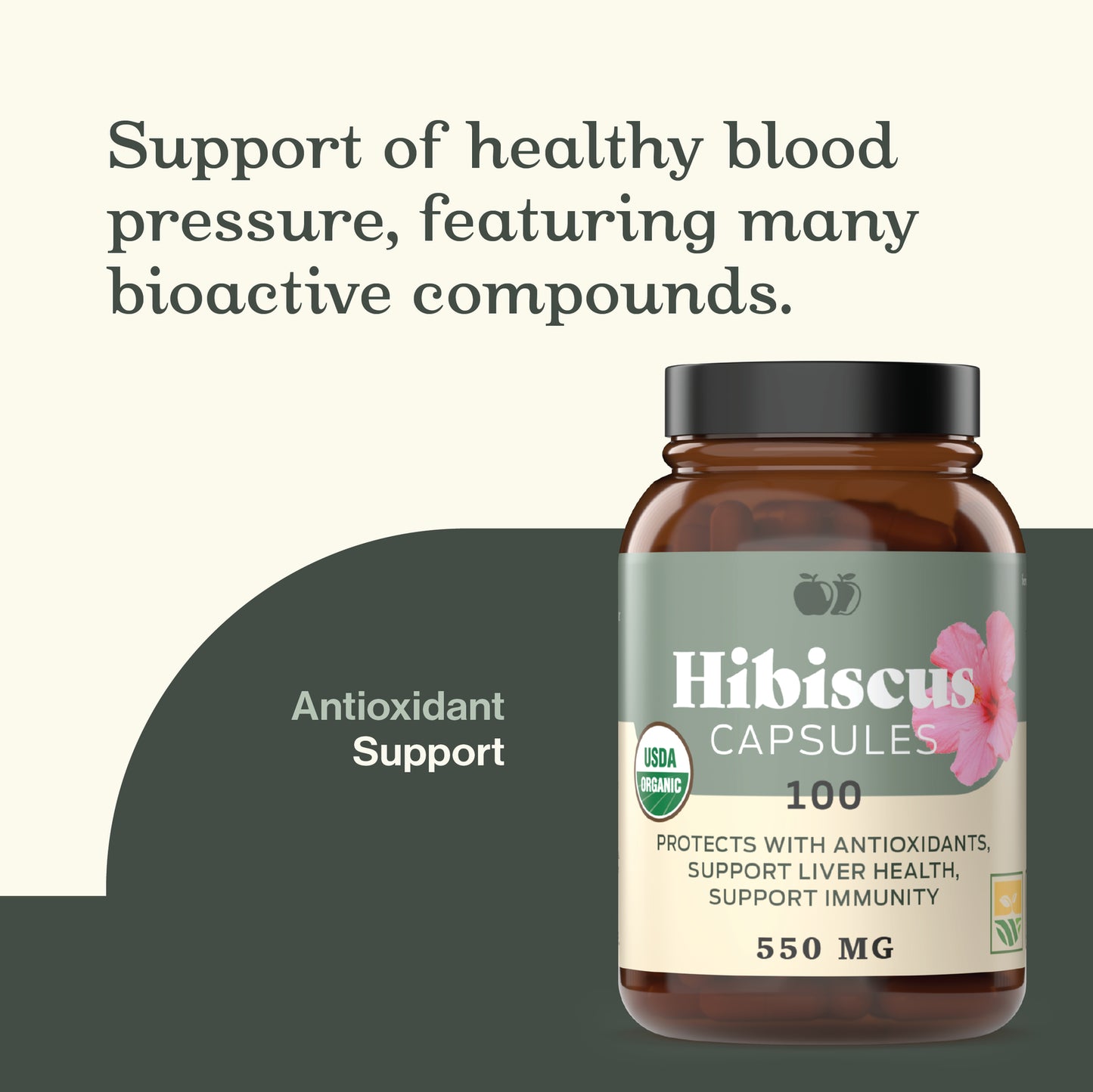 Organic Hibiscus Capsules - 100 Count, 550Mg, Antioxidant & Herbal Hibiscus