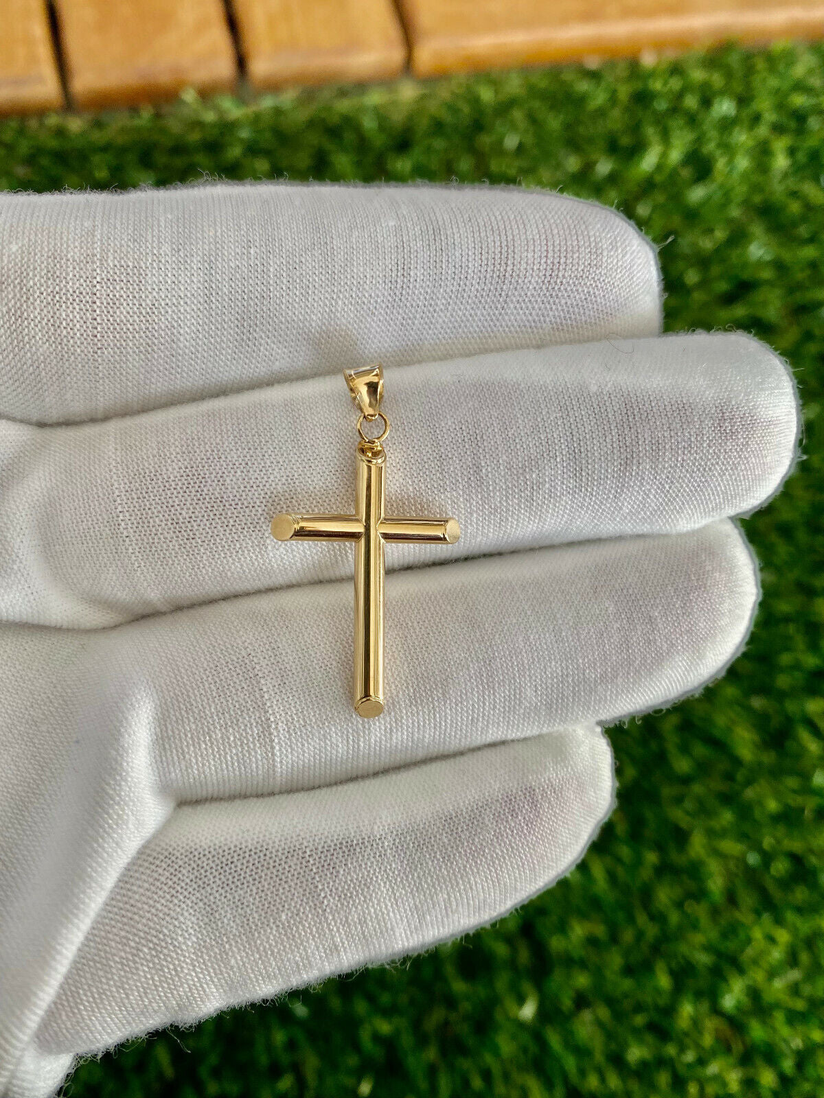 Unisex Real 14K Solid Yellow Gold Cross Latin Polished Charm Pendant Necklace