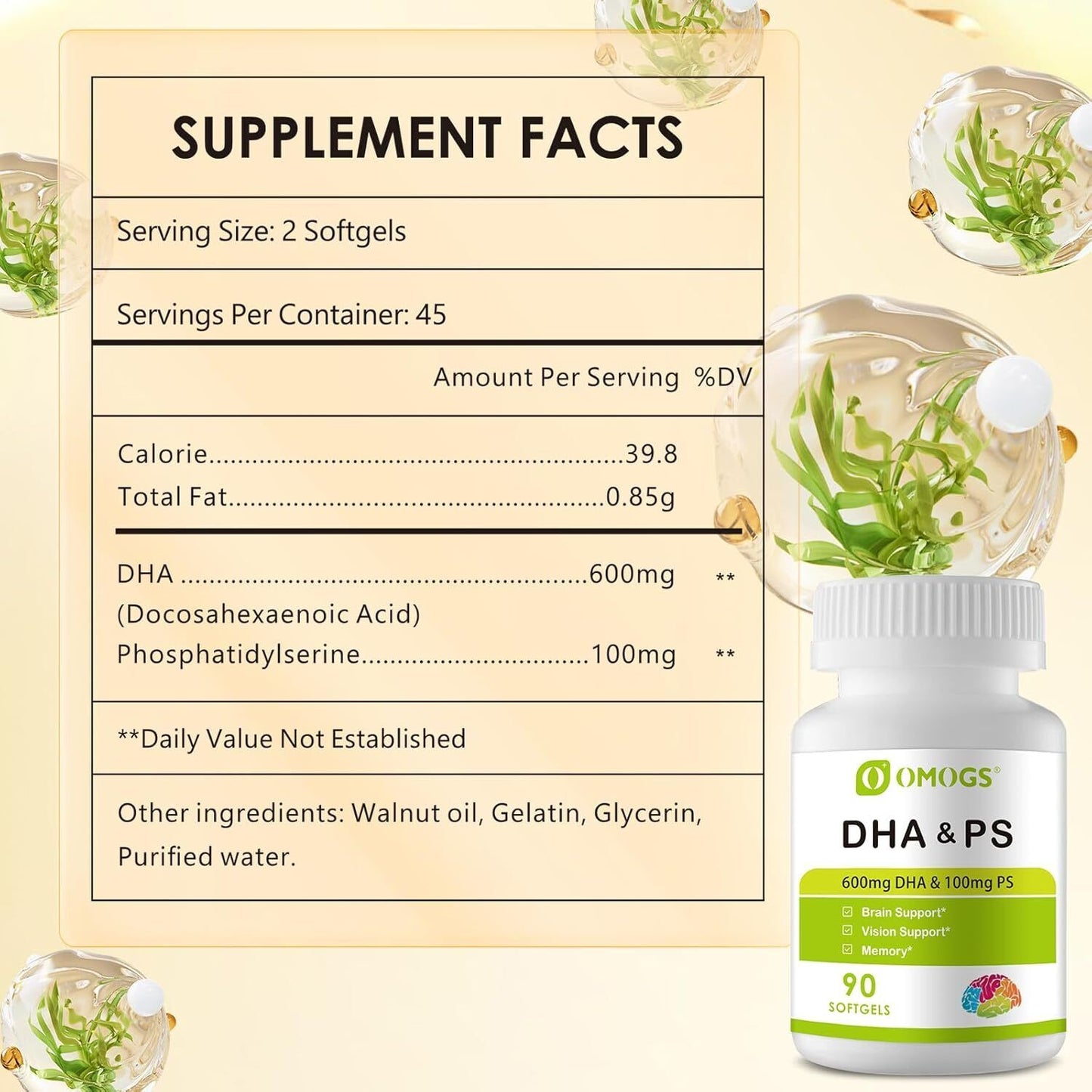 Algae DHA - 600 Mg Omega-3 DHA Softgels, with Phosphatidylse