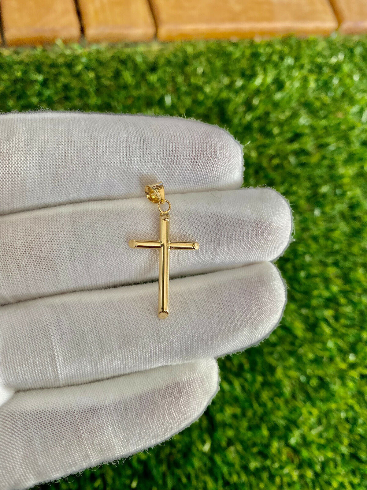 Unisex Real 14K Solid Yellow Gold Cross Latin Polished Charm Pendant Necklace