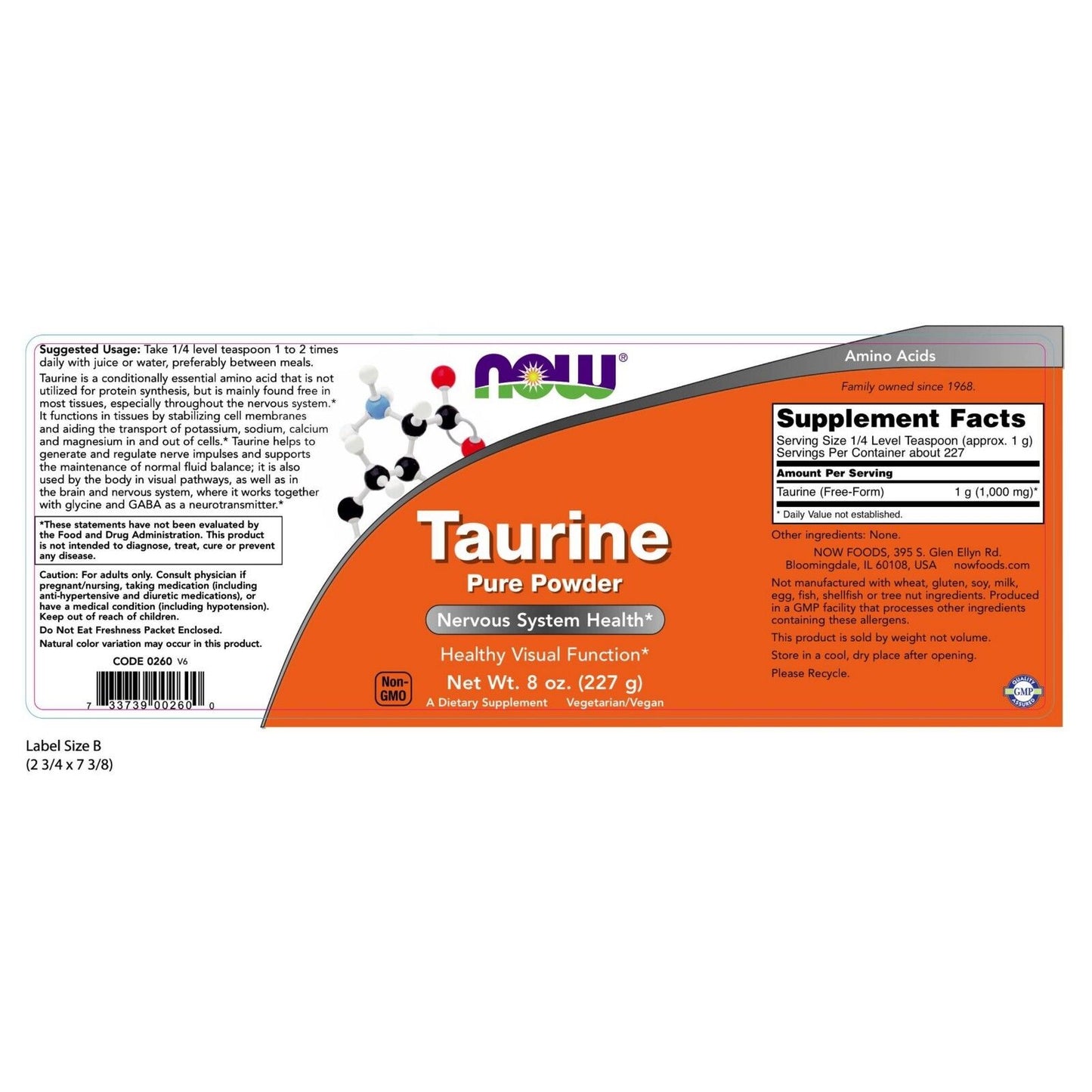 NOW Foods Taurine, 1G, 8 Oz Pure Powder