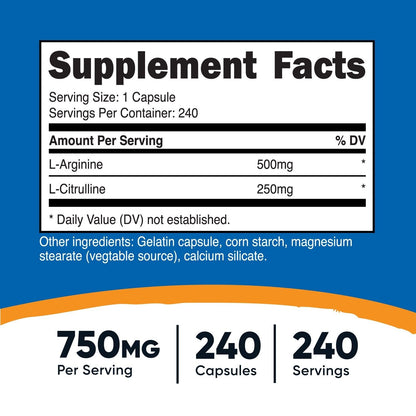 Nutricost L-Arginine L-Citrulline Complex 750Mg, 240 Capsules - Non-Gmo