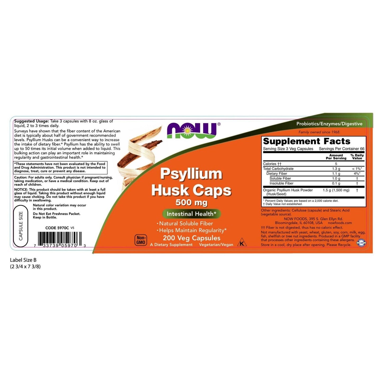 NOW Foods Cáscara De Psyllium, 500 Mg, 200 Cápsulas