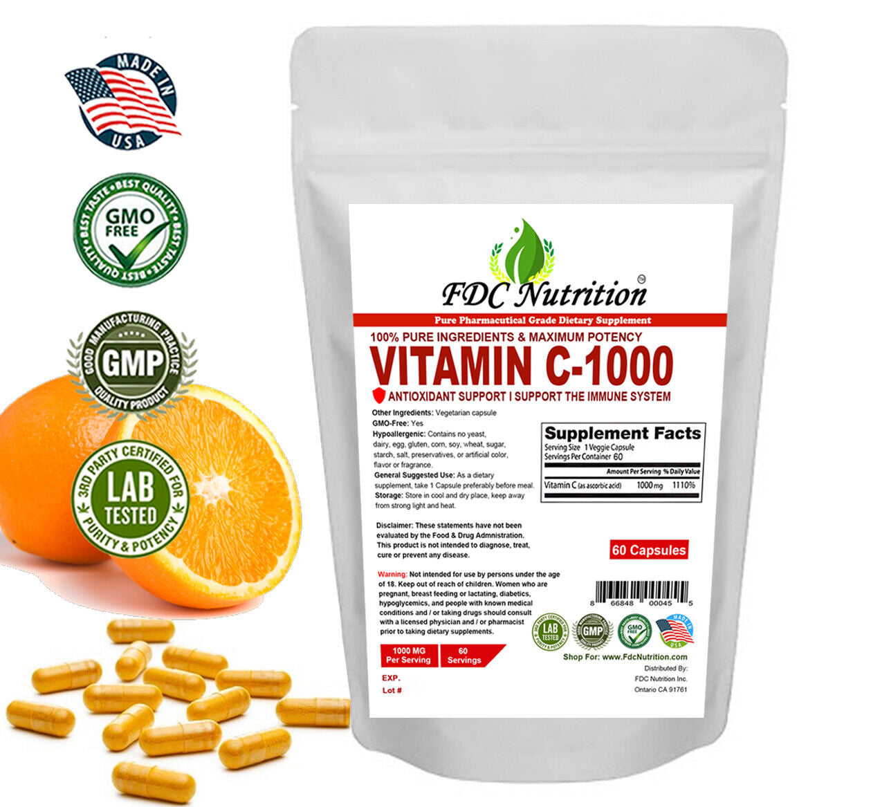 FDC NUTRITION Vitamin C 1000Mg - Immune Support - 60 Capsules