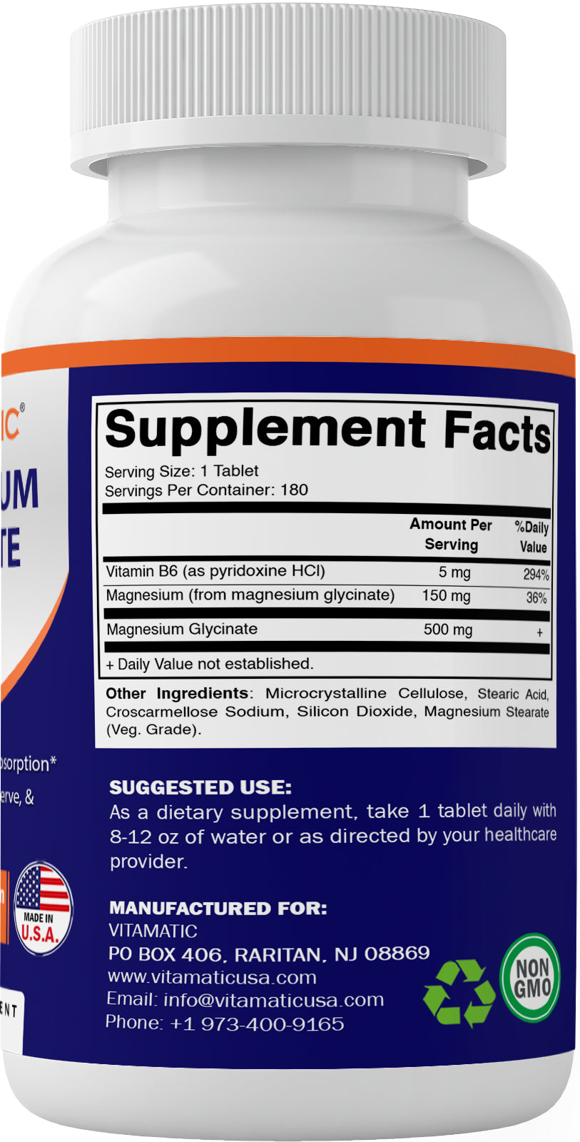 Vitamatic Magnesium Glycinate 500Mg per Tablet - 180 Vegetarian Tablets