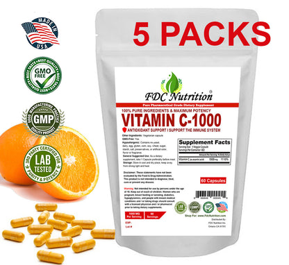 FDC NUTRITION Vitamin C 1000Mg - Immune Support - 300 Capsules 5 PACKS