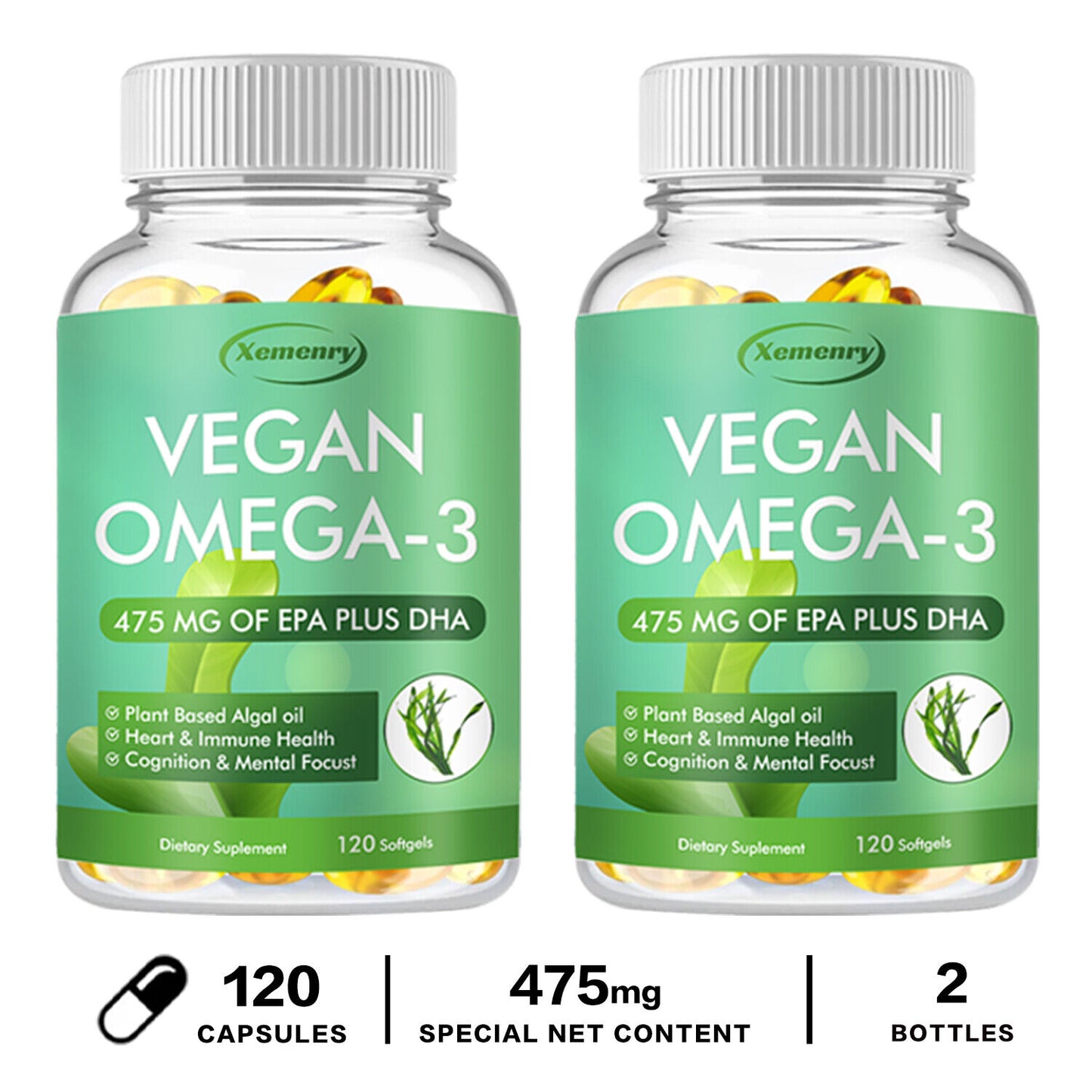 120Pcs Vegan Omega-3 Algae Oil Capsules 475Mg - EPA, DHA - Heart & Joint Health