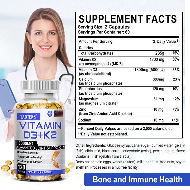 Vitamin K2 D3 Supplement | 30To120 Capsules | 1200 Mg K2 MK7 and 1800 Mg D3