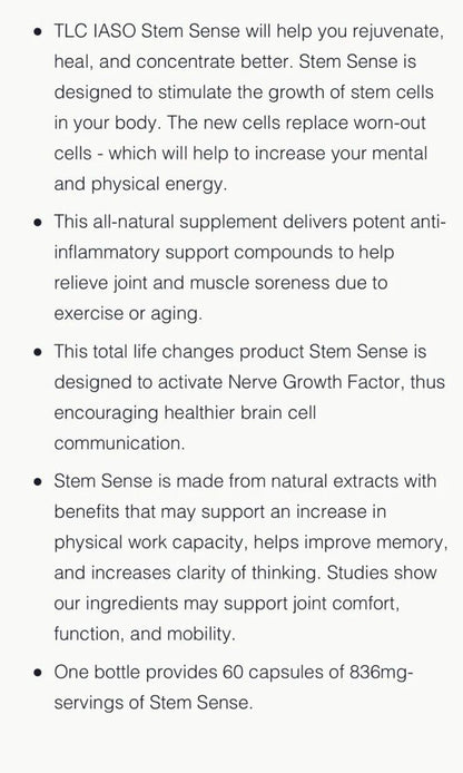 TLC Stem Sense: Stem Cell Supplement, Mental & Physical Energy Boost 60 Capsules