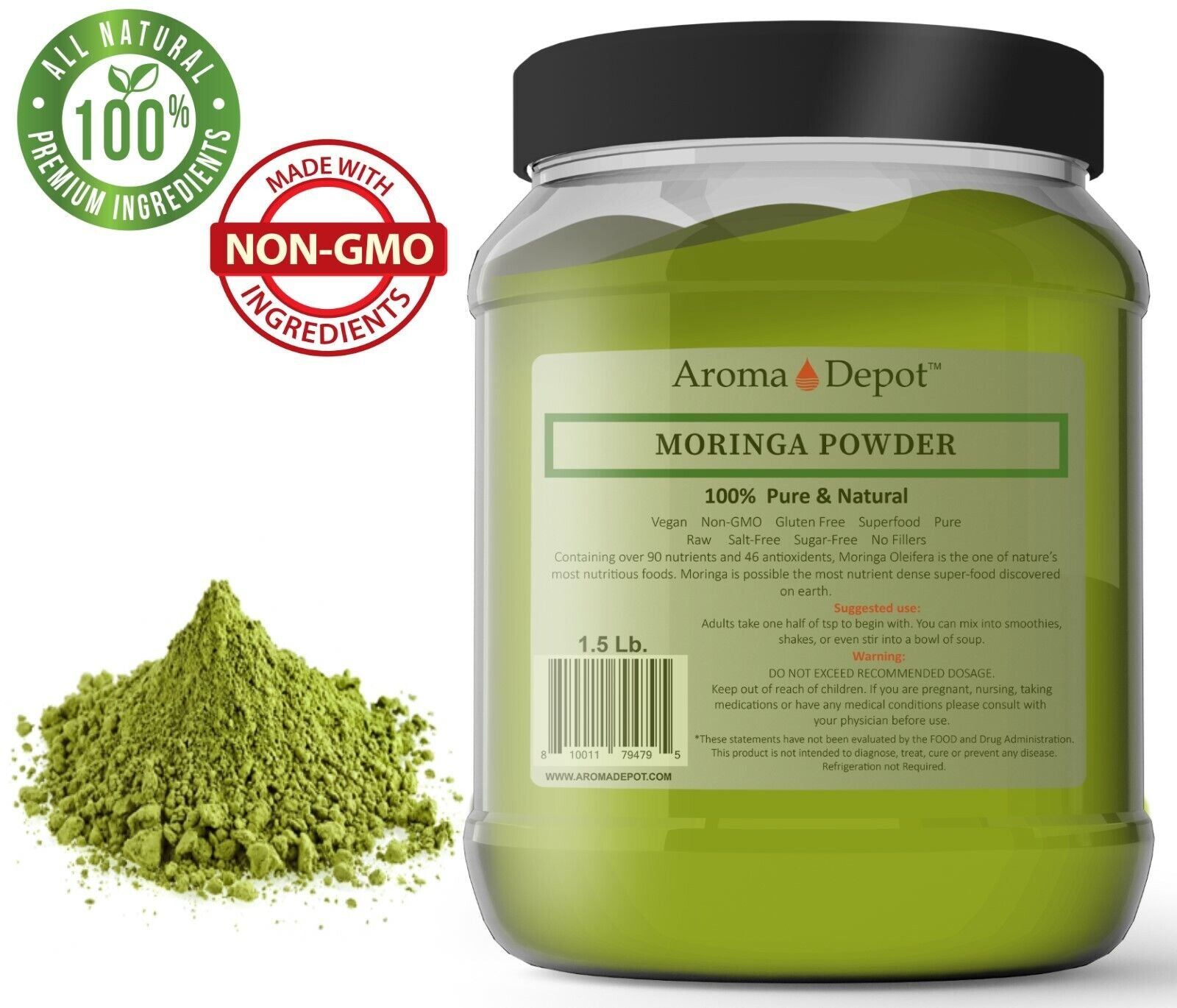 Moringa Powder Oleifera Leaf 100% Pure Natural Superfood 24 Oz. JAR 1.5Lb