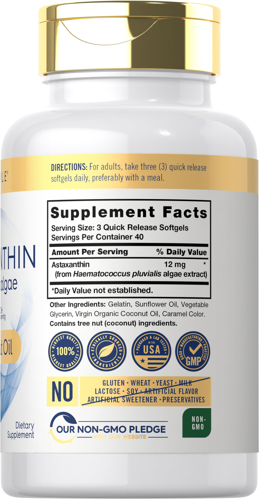 Astaxanthin 12Mg | 120 Softgels | from Microalgae, with Coconut Oil | by Carlyle