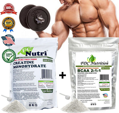 BCAA + Creatine Mono FREE FORM - 1000G EACH 100% PURE  POWDER