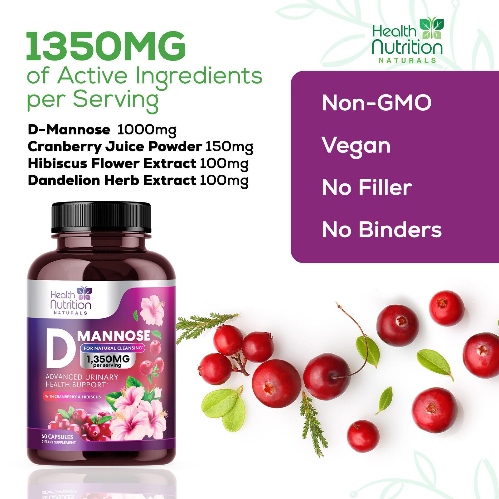 D-Mannose Capsules 1350Mg with Cranberry UTI Support & Cleanse, Bladder Health