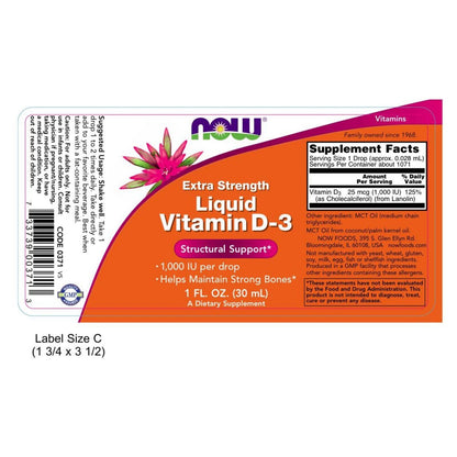 NOW Foods Vitamin D-3 Liquid, Extra Strength, 1 Fl. Oz..