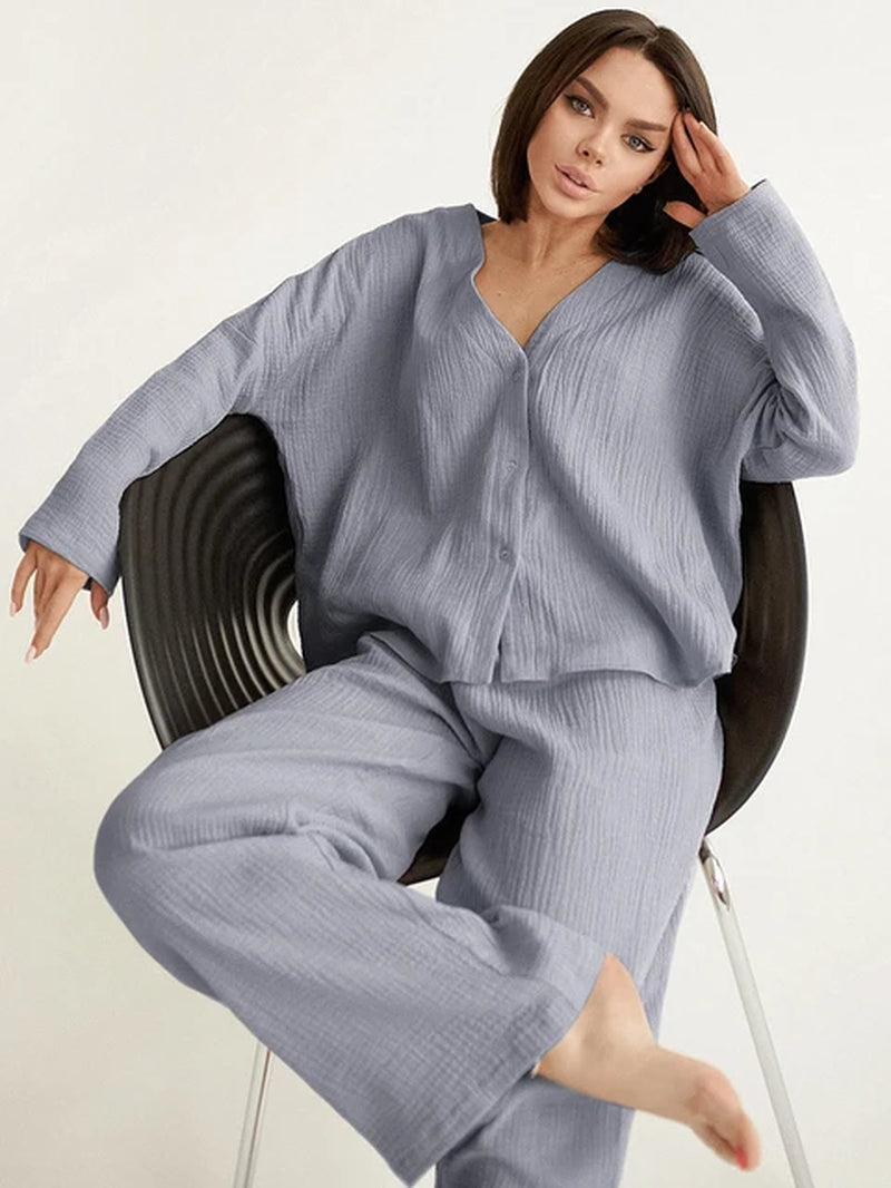 Khaki Pure Cotton Sleepwear V Neck Single Breasted Wide Leg Pants Trouser Suits Drop Sleeves Set Woman 2 Pieces Loungewear