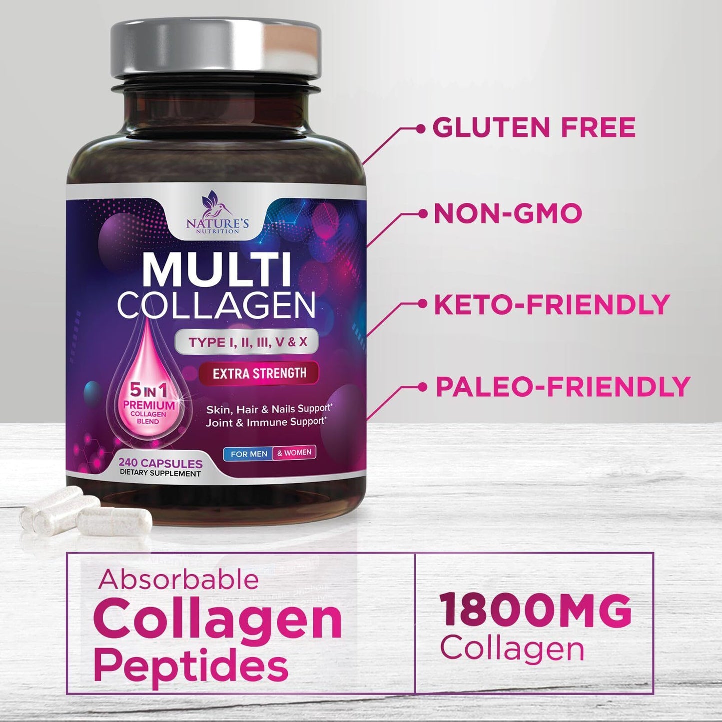 Collagen Peptides Pills 1000Mg Hydrolyzed Collagen Capsules (Types I,II,III,V,X)