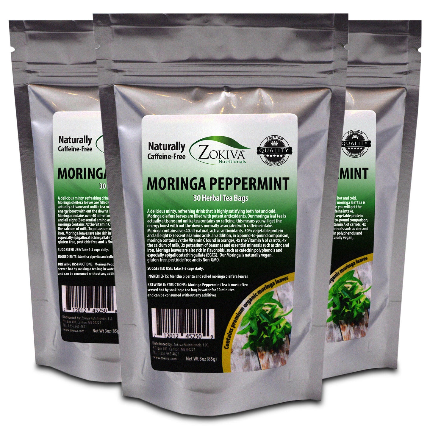 Moringa Peppermint Tea Bags 3-Pack (90) Caffeine-Free with Organic Moringa Leaf