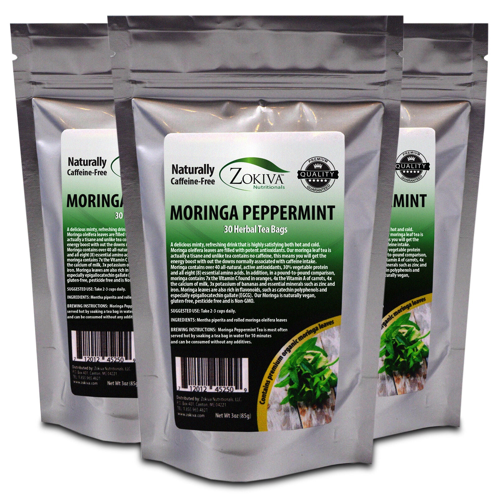 Moringa Peppermint Tea Bags 3-Pack (90) Caffeine-Free with Organic Moringa Leaf