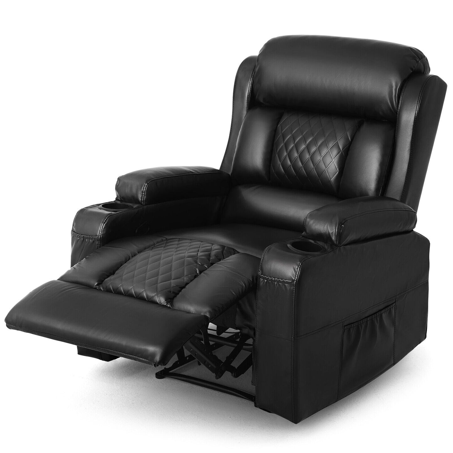 Black PU Leather Massage Recliner Chair Single Sofa Heated W/Remote,2 Cup Holder