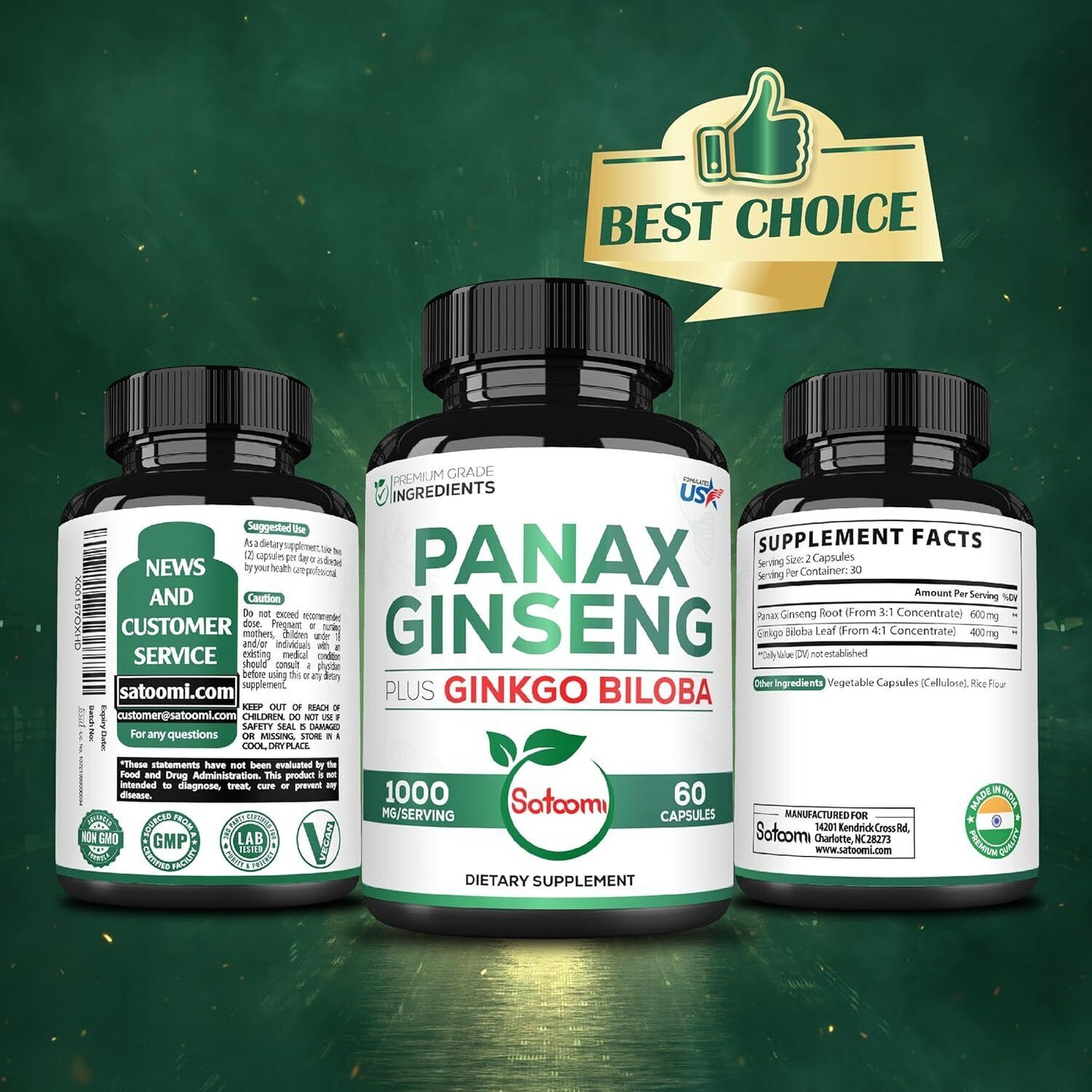 1000Mg Korean Red Panax Ginseng and Ginkgo Biloba Supplement - 60 Vegan Capsules