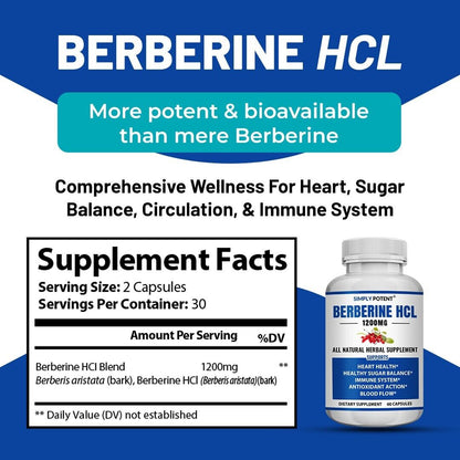 Berberine Hcl - Supports Healthy Blood Sugar Cholesterol & Immune | 60 Capsules