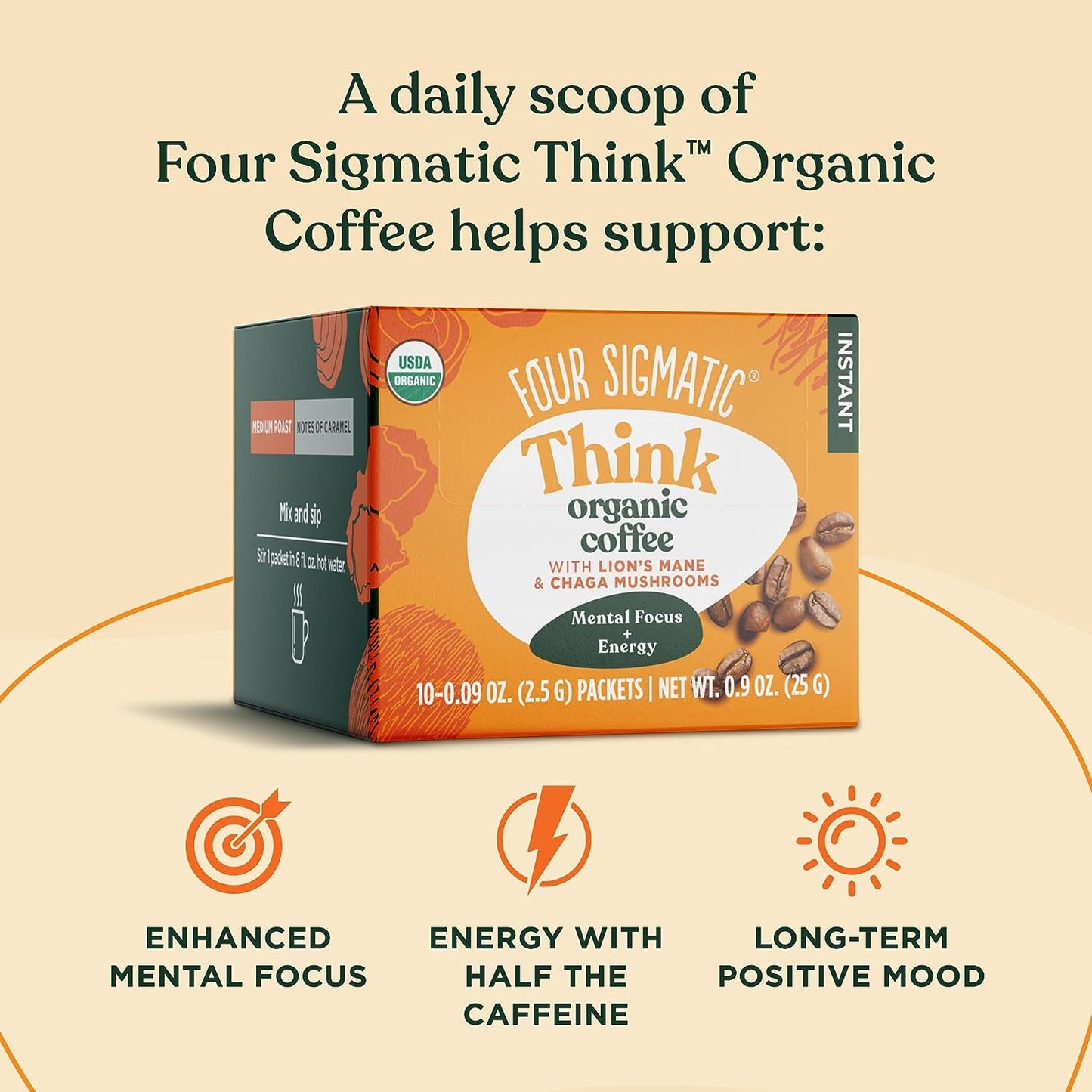 Four Sigmatic Foods Mushroom Instant Coffee, Organic and Fair Trade with Lions M