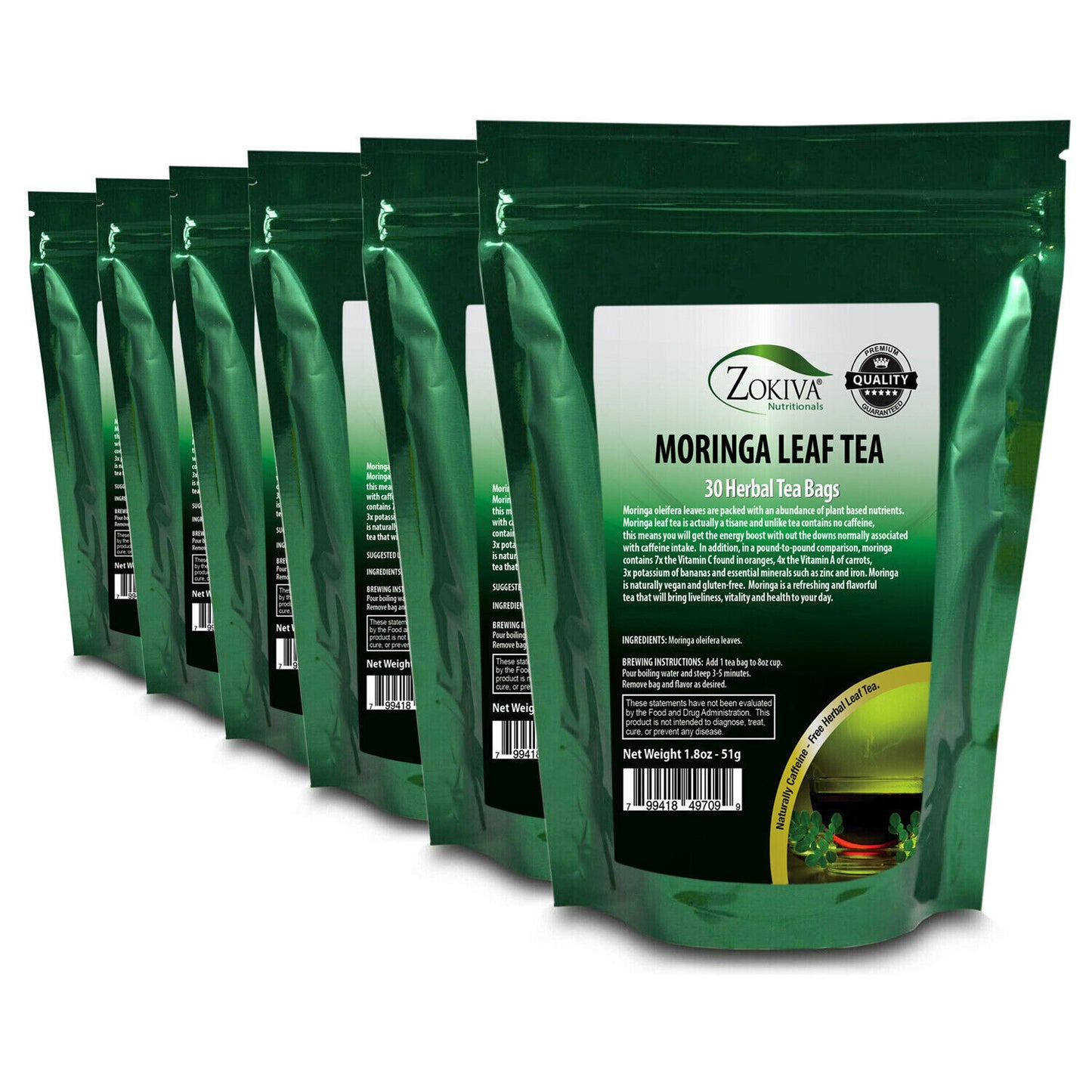 Moringa Tea Bags 6-Pack - (180) Organic, All-Natural - Caffeine-Free Herbal Tea