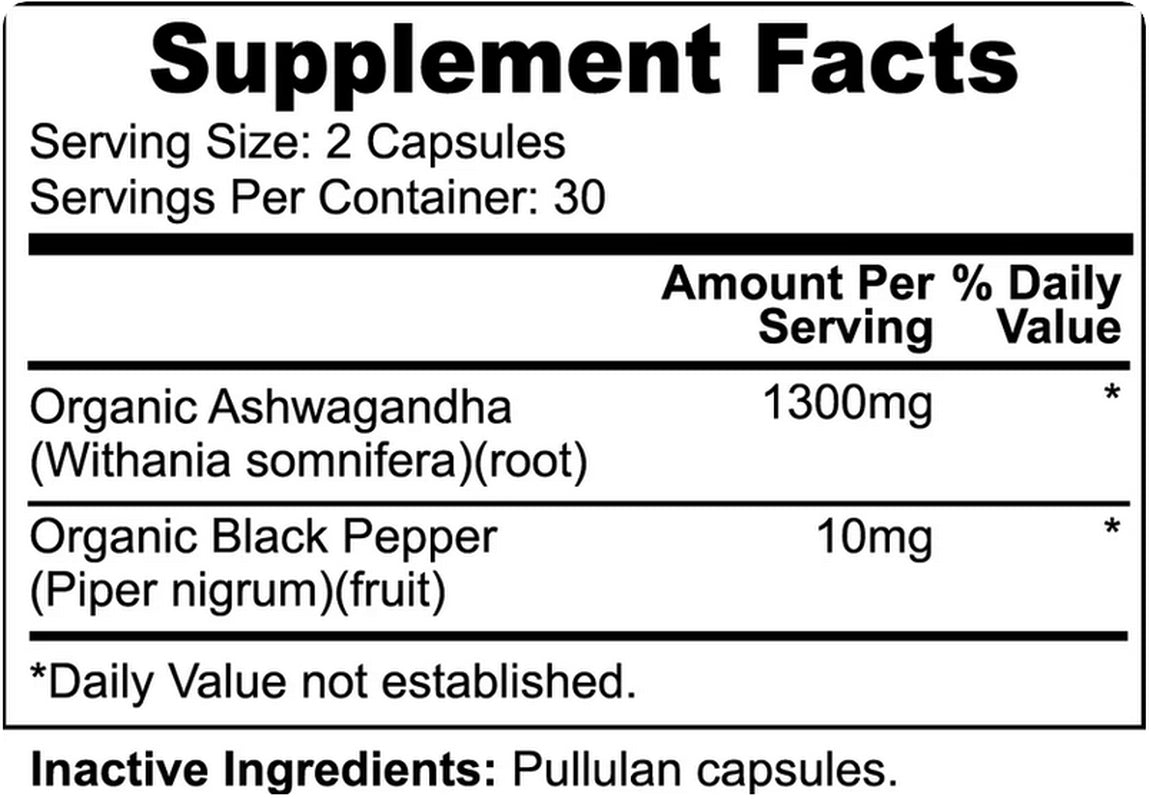 Organic Ashwagandha Root Capsules (Withania Somnifera) Made in USA, Lab Tested