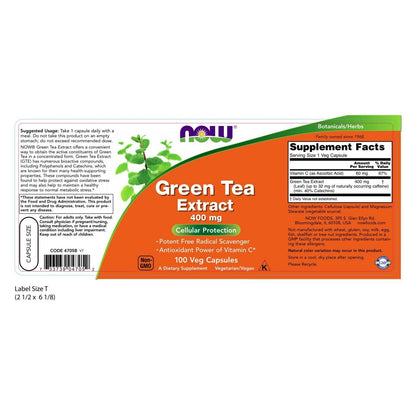 NOW Foods Green Tea Extract, 400 Mg, 100 Veg Capsules