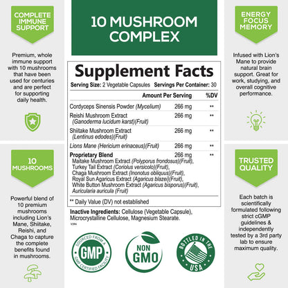 Mushroom Complex Supplement Capsules - 10 Mushrooms Lions Mane, Reishi, Chaga