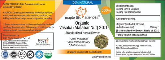 ORGANIC Vasaka 20:1 Extract Capsules Malabar Nut Adhatoda Vasica No Filer