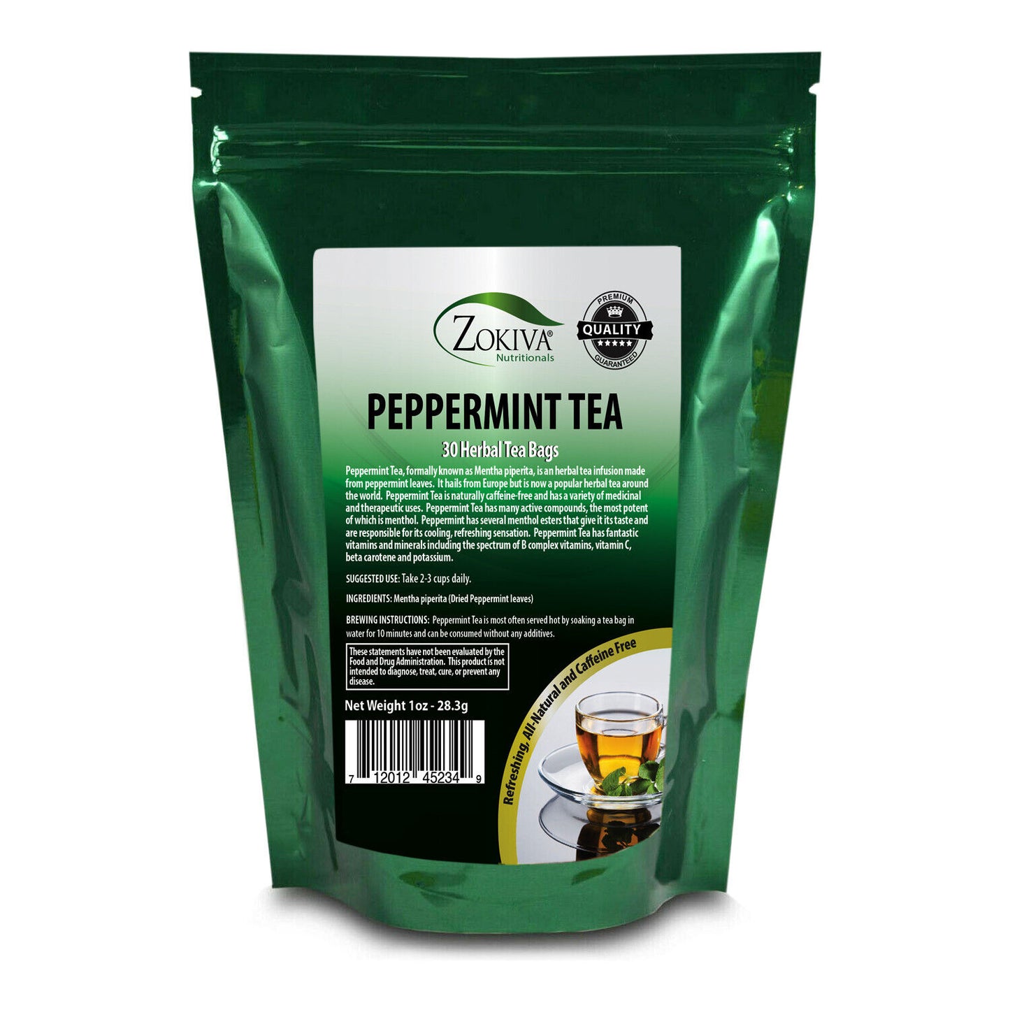 Peppermint Tea Bags (30) Natural Premium Mentha Piperita in Resealable Pouch