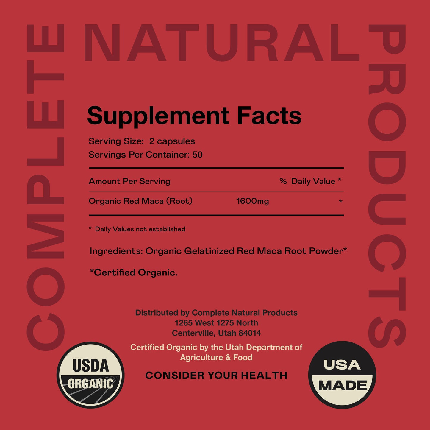 Organic Red Maca Root Capsules - 800Mg 100 Gelatinized Pills, Pure Red Raw Maca